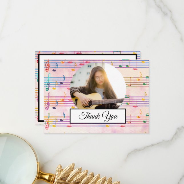 Music Note Colourful Pattern Theme Musician Photo Thank You Card (Front/Back In Situ)