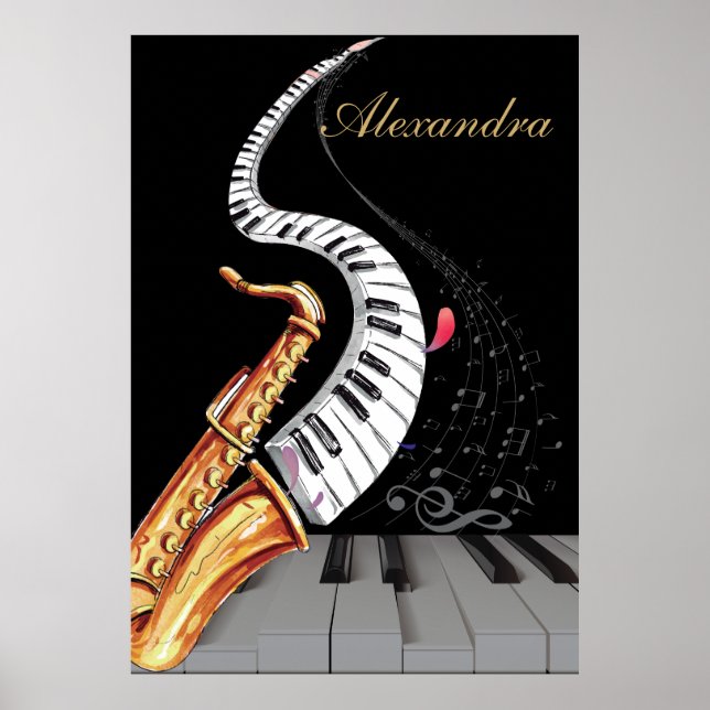Music Note Saxophone Personalised Piano  Poster (Front)