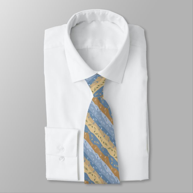 Music Note Stripes Brown And Blue Neck Tie (Tied)