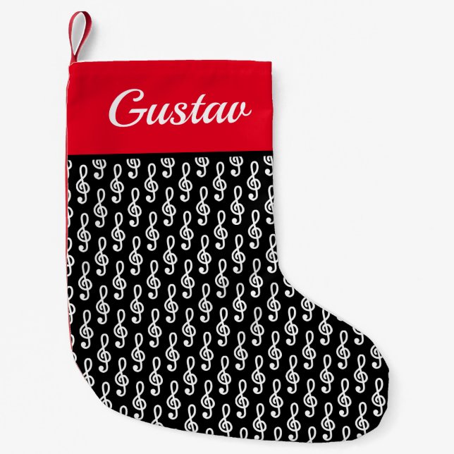 Music note treble g clef print custom name small christmas stocking (Front)