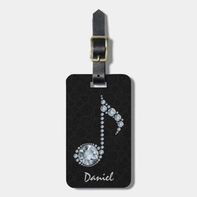 Music Note White Diamonds Over Black Luggage Tag (Front Vertical)