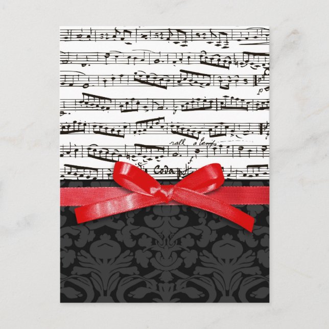 Music notes and faux red ribbon postcard (Front)
