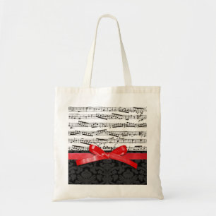 Music notes and faux red ribbon tote bag
