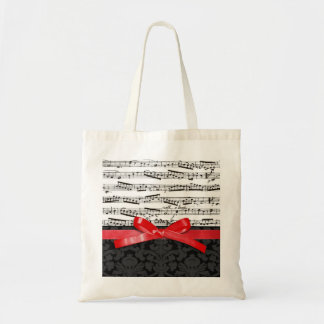 Music notes and faux red ribbon tote bag