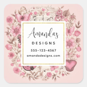 Music Notes and Flowers Retro Style Business Square Sticker