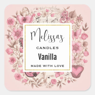 Music Notes and Flowers Retro Style Candle Biz Square Sticker