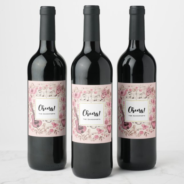 Music Notes and Flowers Retro Style Cheers Wine Label (Bottles)