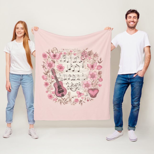 Music Notes and Flowers Retro Style Fleece Blanket (In Situ)