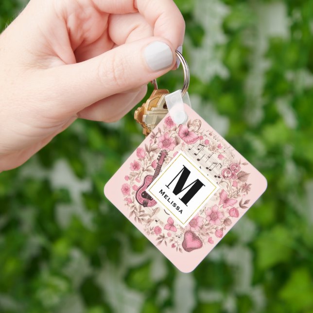 Music Notes and Flowers Retro Style Monogram Key Ring (Hand)