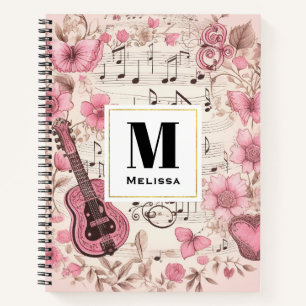 Music Notes and Flowers Retro Style Monogram Notebook