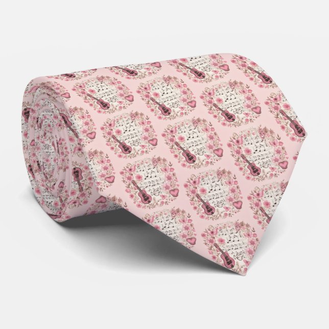 Music Notes and Flowers Retro Style Pattern Tie (Rolled)