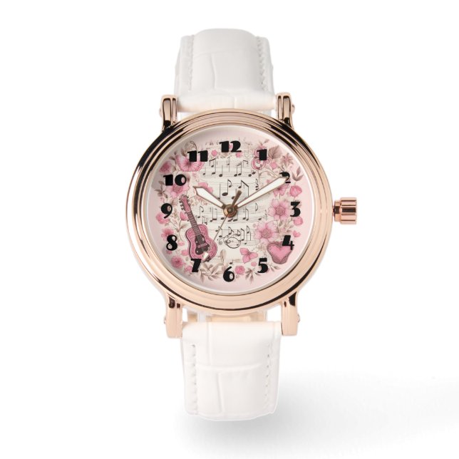 Music Notes and Flowers Retro Style Watch (Front)