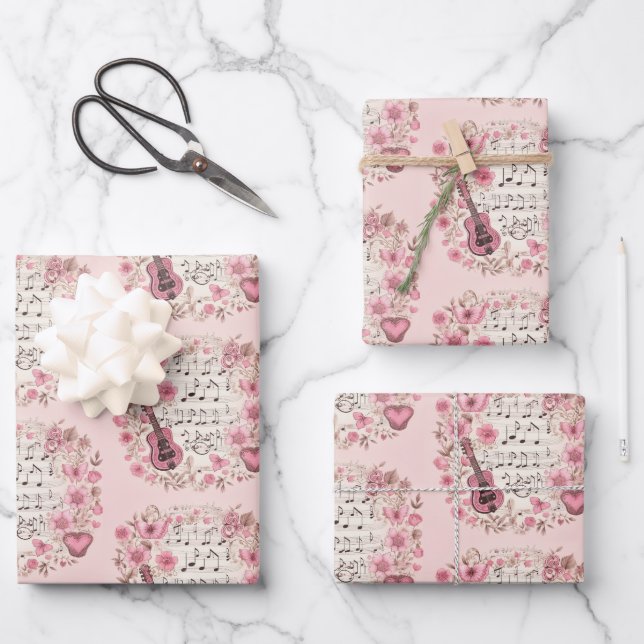 Music Notes and Flowers Retro Style Wrapping Paper Sheet (Front)