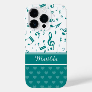 Music Notes and Hearts Pattern Teal and White Case-Mate iPhone 14 Pro Case