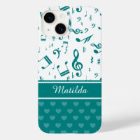 Music Notes and Hearts Pattern Teal and White