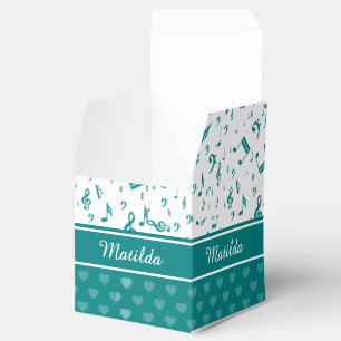 Music Notes and Hearts Pattern Teal and White Favour Box