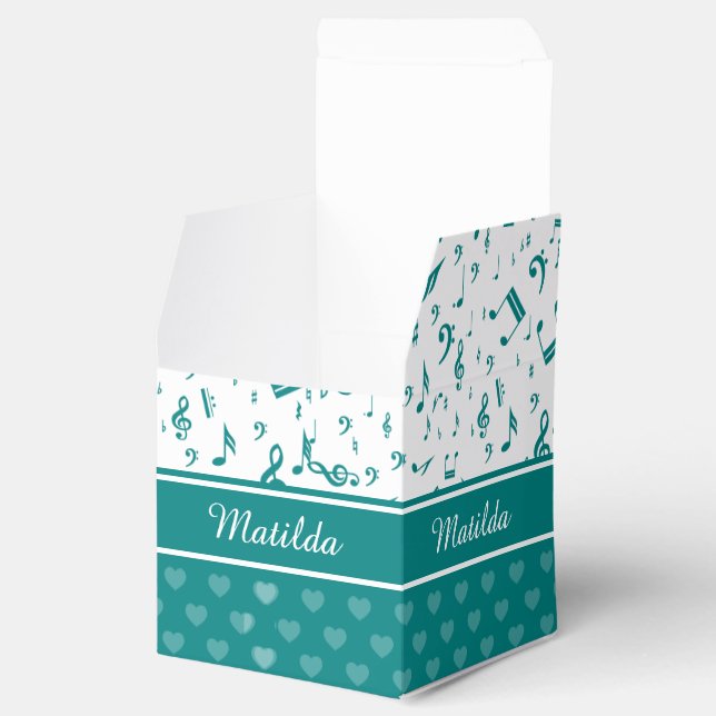 Music Notes and Hearts Pattern Teal and White Favour Box (Opened)