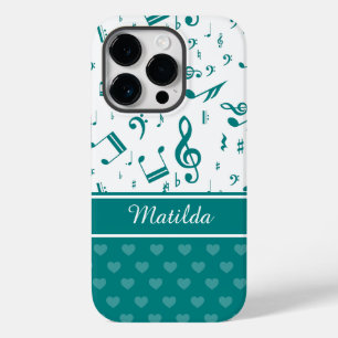 Music Notes and Hearts Pattern Teal and White iPhone 14 Pro Case