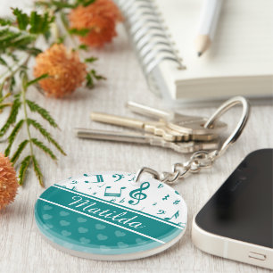 Music Notes and Hearts Pattern Teal and White Key Ring