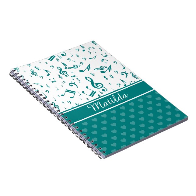 Music Notes and Hearts Pattern Teal and White Spiral Notebook (Right Side)