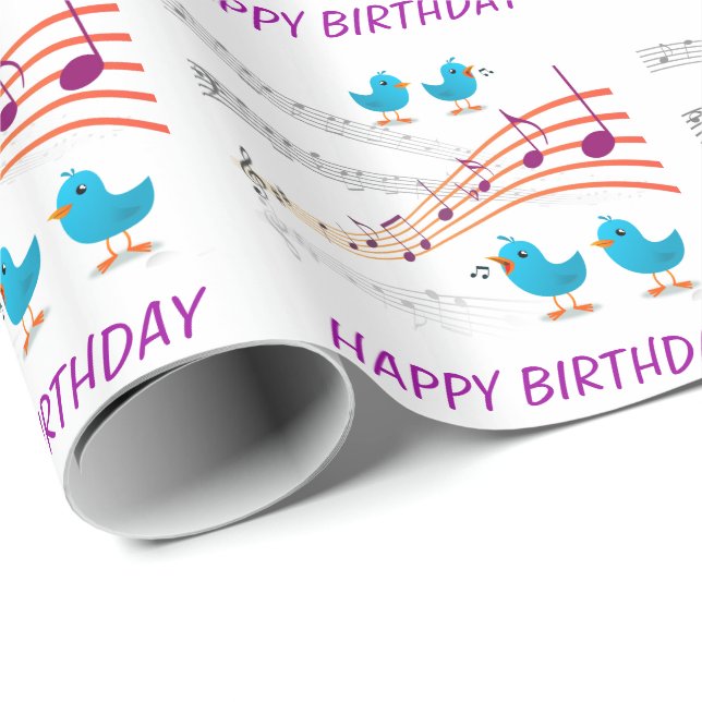 Music Notes Blue Birds Happy Birthday Colourful Fu Wrapping Paper (Roll Corner)