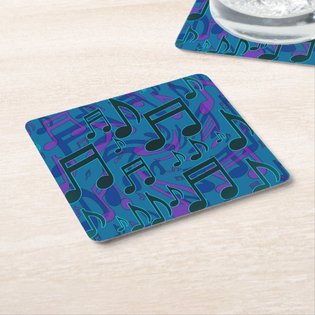 Music Notes Blue Green Purple Musical Pattern Square Paper Coaster (Angled)