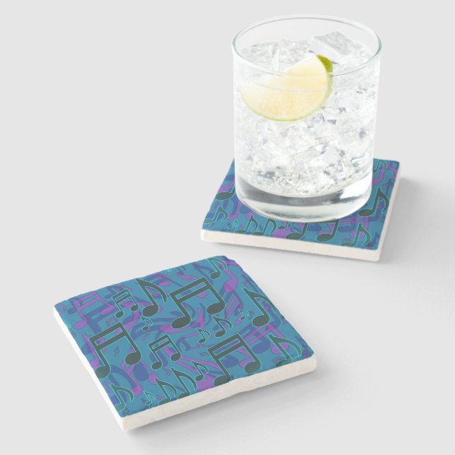 Music Notes Blue Green Purple Musical Pattern Stone Coaster (Side)
