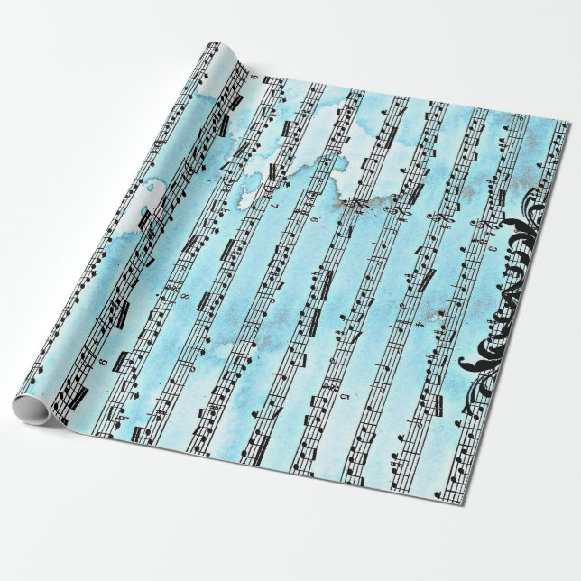 Music Notes Blue Wrapping Paper, 30" x 6' Paper (Unrolled)
