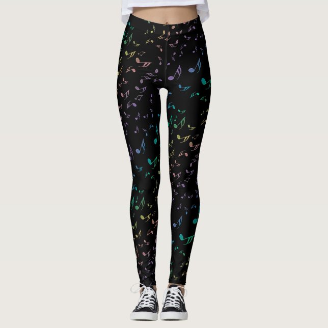 Music Notes Christmas Lights On Black Leggings (Front)
