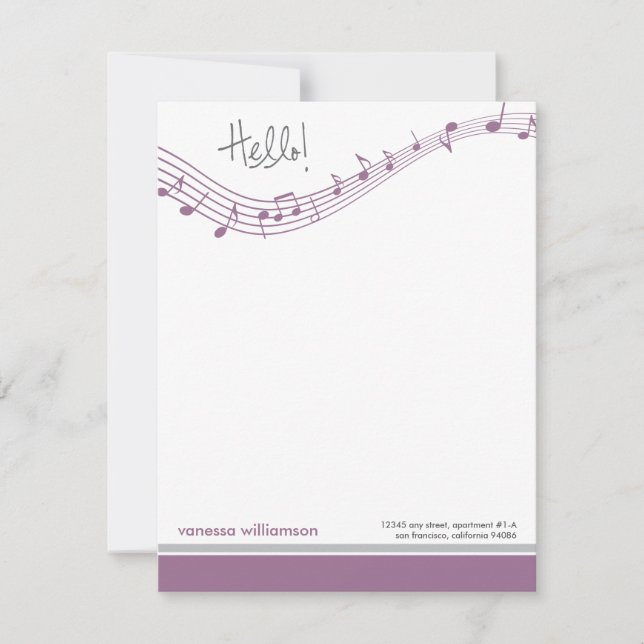 Music Notes Custom Flat Note Cards (lavender) (Front)