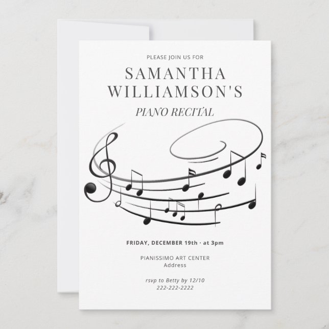 Music Notes Elegant Piano Recital & Program Invitation (Front)