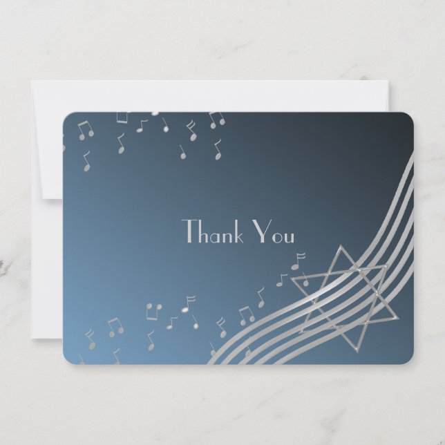 Music Notes Flat Card Bar Mitzvah Thank You Silver (Front)