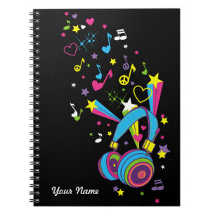 Music Notes Headphones Personalised Black Notebook