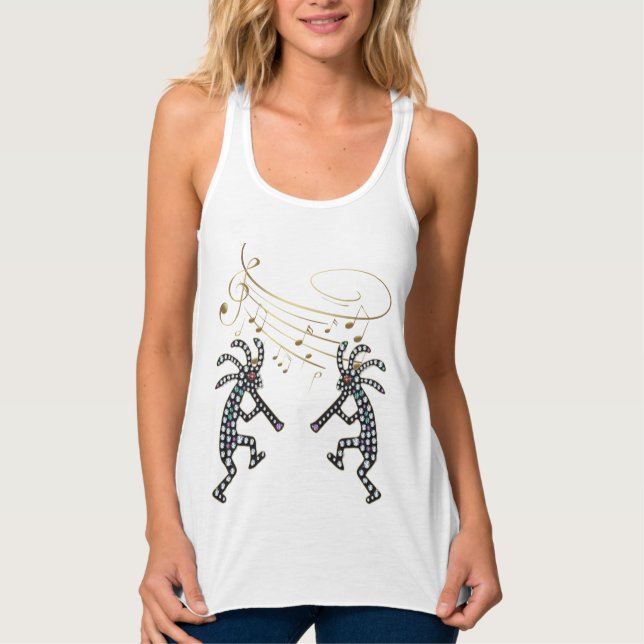 Music Notes Jewelled Rhinestone Kokopelli  Singlet (Front)