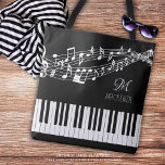 Music Notes Keyboard Name Monogram Custom Colour Tote Bag<br><div class="desc">Personalised, custom colour tote bag featuring a piano keyboard and music staff with notes in your choice of graphics and background colours (shown in white on black) with a monogram or initials and/or name or other text in your choice of font styles and colours to create your own custom look....</div>