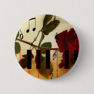 Music Notes Keyboard Red Rose Blossom Destiny 6 Cm Round Badge