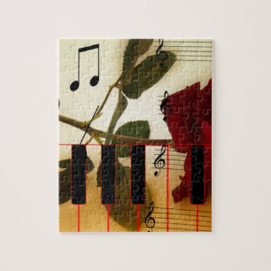 Music Notes Keyboard Red Rose Blossom Destiny Jigsaw Puzzle