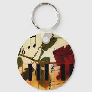 Music Notes Keyboard Red Rose Blossom Destiny Key Ring