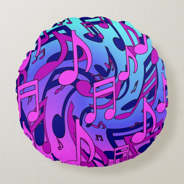 Music Notes Lively Pink Blue Purple Aqua Pattern Round Cushion (Front)