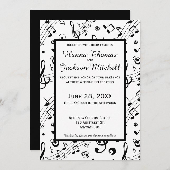Music Notes Modern Black and White Musical  Invitation (Front/Back)