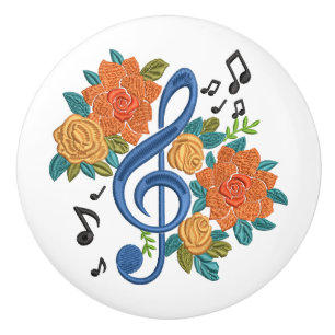 Music Notes Musical Clef Floral Orange Blue  Ceramic Knob