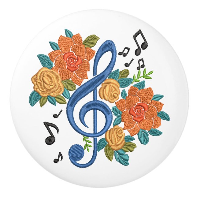 Music Notes Musical Clef Floral Orange Blue  Ceramic Knob (Front)