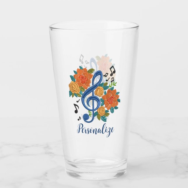 Music Notes Musical Clef Floral Personalised Drink Glass (Front)