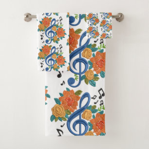 Music Notes Musical Floral Design Orange Blue Bath Towel Set