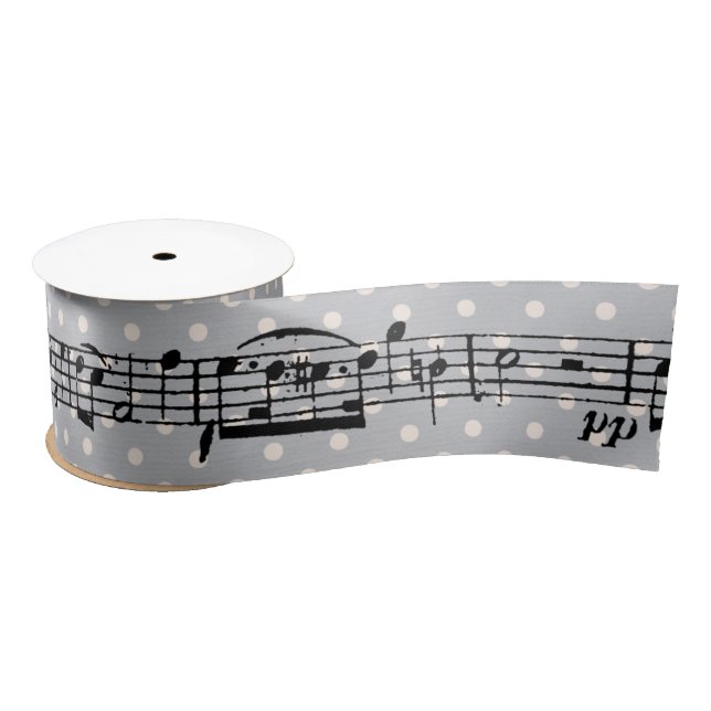 Music Notes on Grey Polka Dot Satin Ribbon (Spool)
