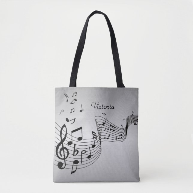 Music Notes on Silver with Name Tote Bag (Front)