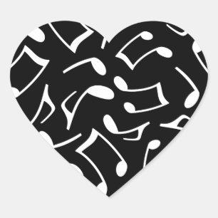 Music Notes Pattern Black and White Heart Sticker