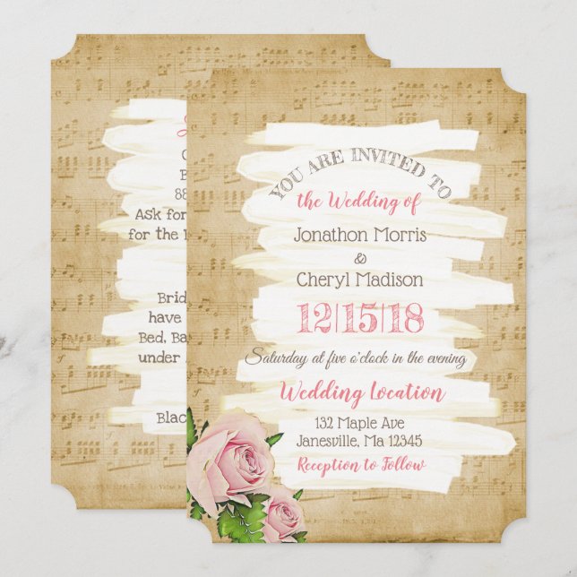 Music Notes & Pink Roses Floral Wedding Invitation (Front/Back)