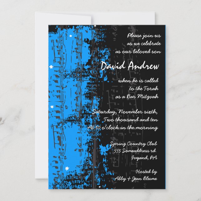 Music Notes Stars Bar Mitzvah Invitation blue (Front)