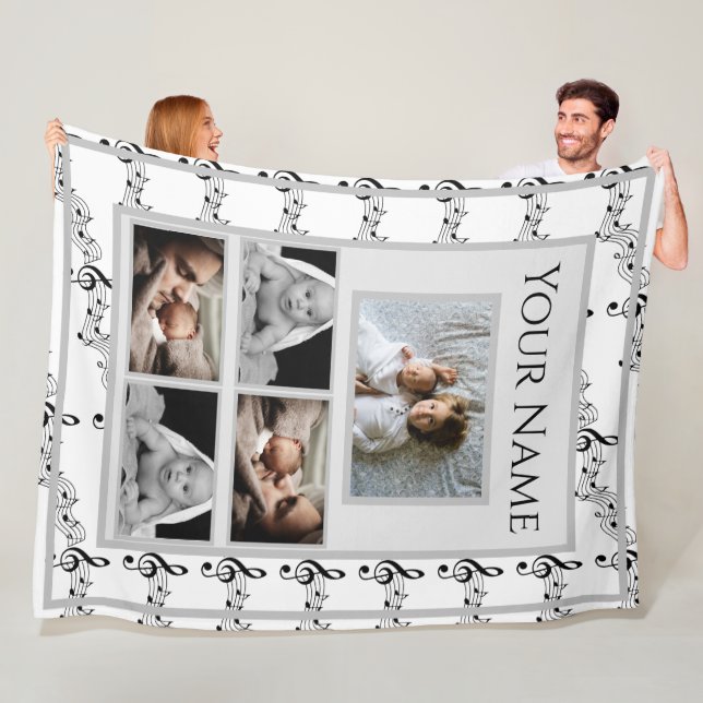 Music Notes with Custom Photos and Name Fleece Blanket (In Situ)